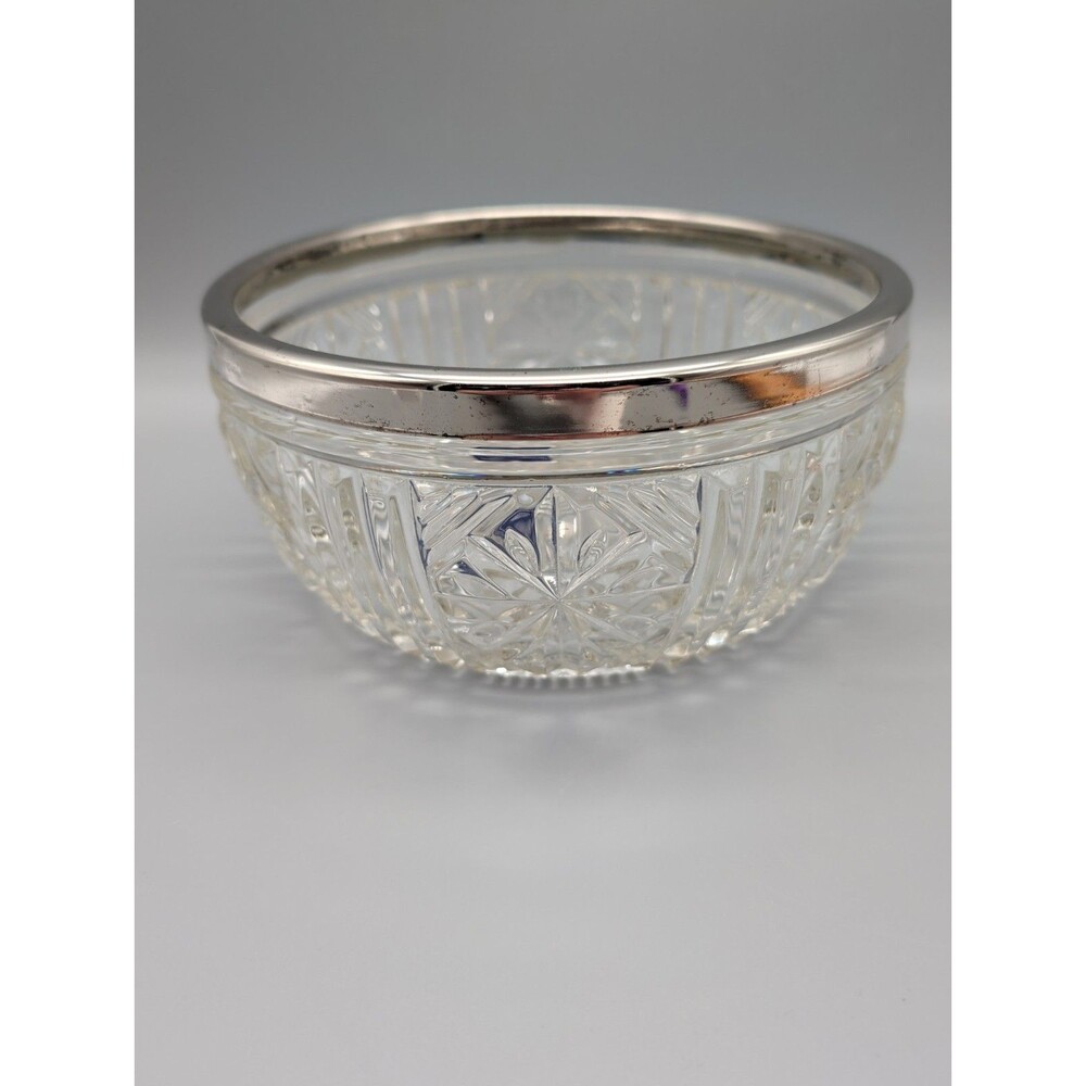 Vintage Raimond Crystal Bowl Silver Plate Rim Starburst Cut Glass England 8"